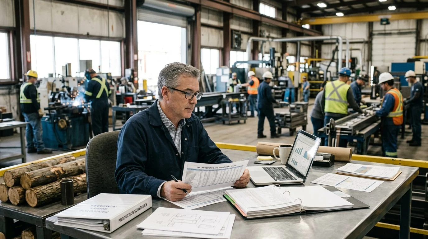 A senior operations manager reviews production schedules and equipment logs at a workstation in a busy manufacturing facility.