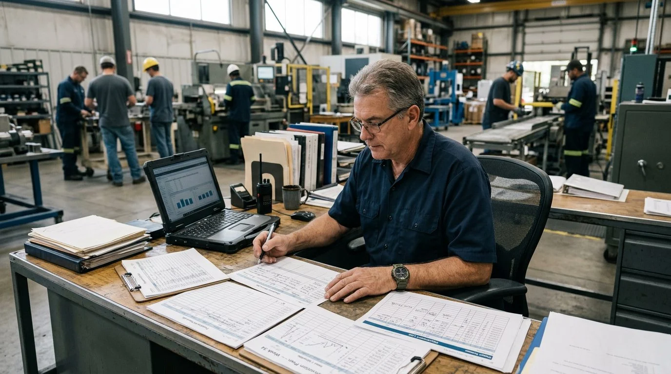 A senior operations manager reviews production schedules and equipment logs at a workstation in a busy manufacturing facility.