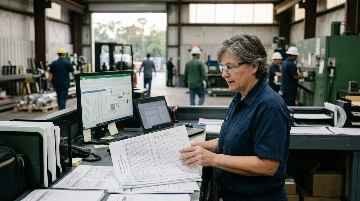 A senior operations manager reviews production schedules and equipment logs at a workstation in a busy manufacturing facility.