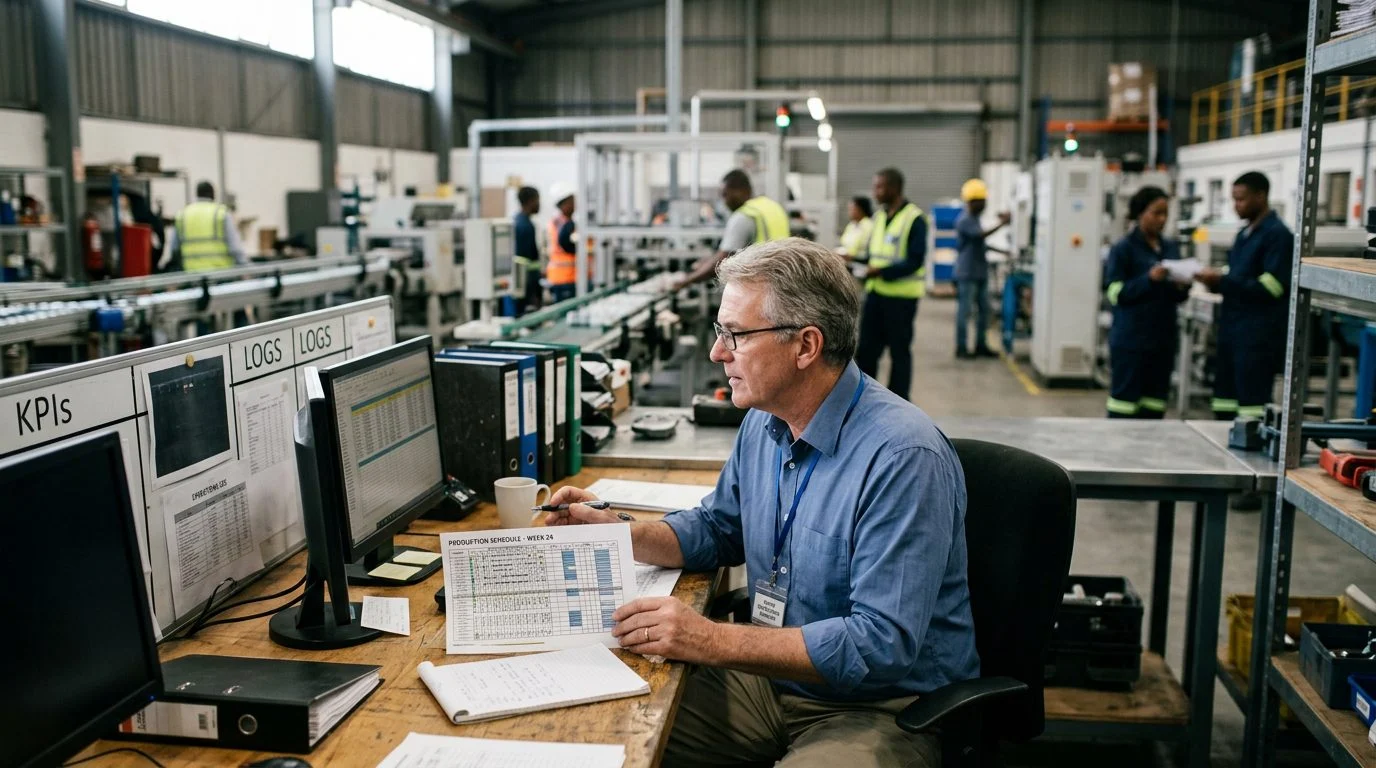 Un gerente de operaciones de edad avanzada revisa horarios de producción y registros de equipos en una estación de trabajo de una planta industrial.