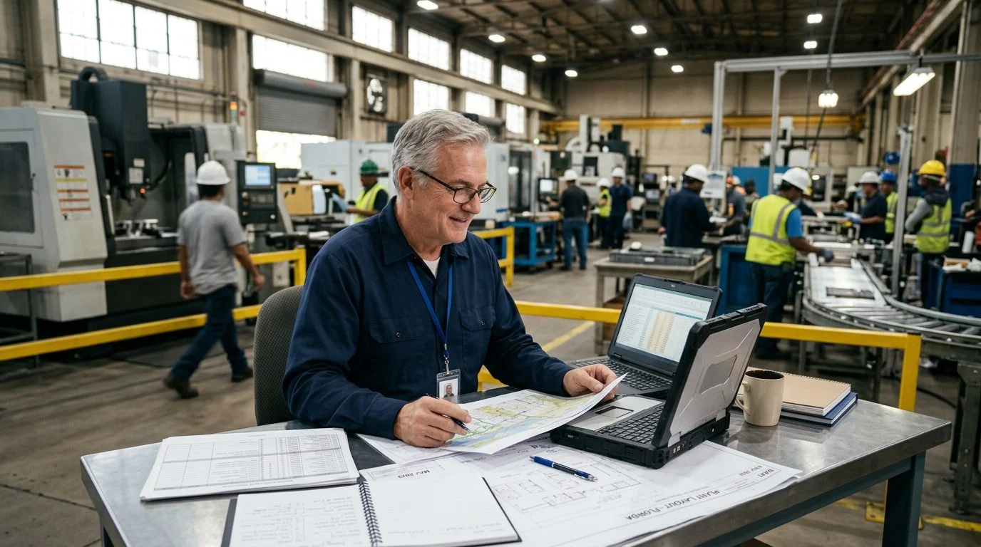Un gerente de operaciones senior revisa horarios de producción y registros de equipos en una estación de trabajo de una planta de manufactura.