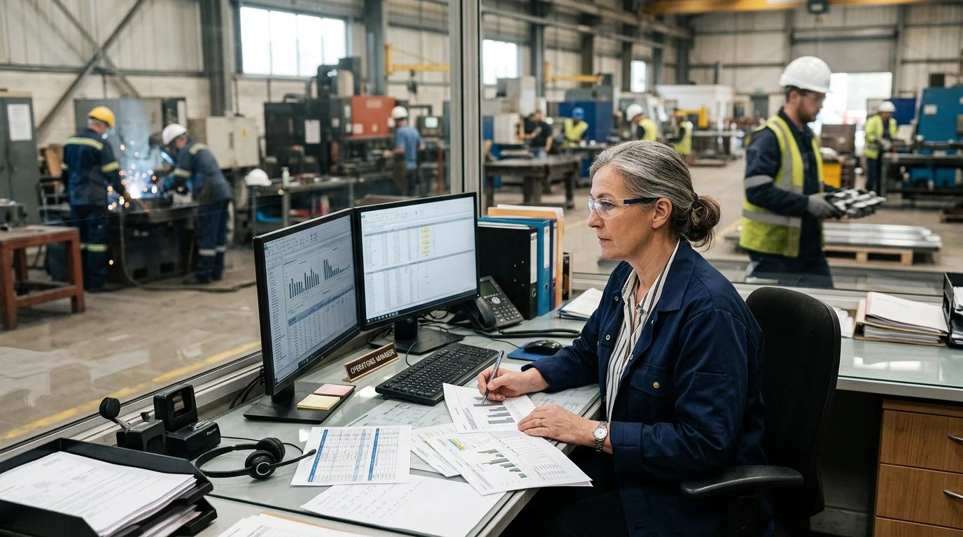 Un gerente de operaciones senior revisa horarios de producción y registros de equipos en una estación de trabajo de una planta manufacturera.