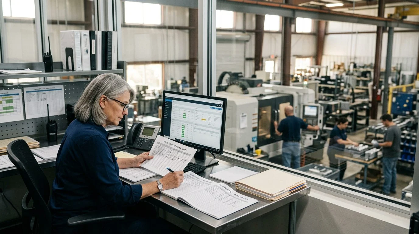 Un gerente de operaciones senior revisa horarios de producción y registros de equipos en una estación de trabajo de una planta de manufactura.