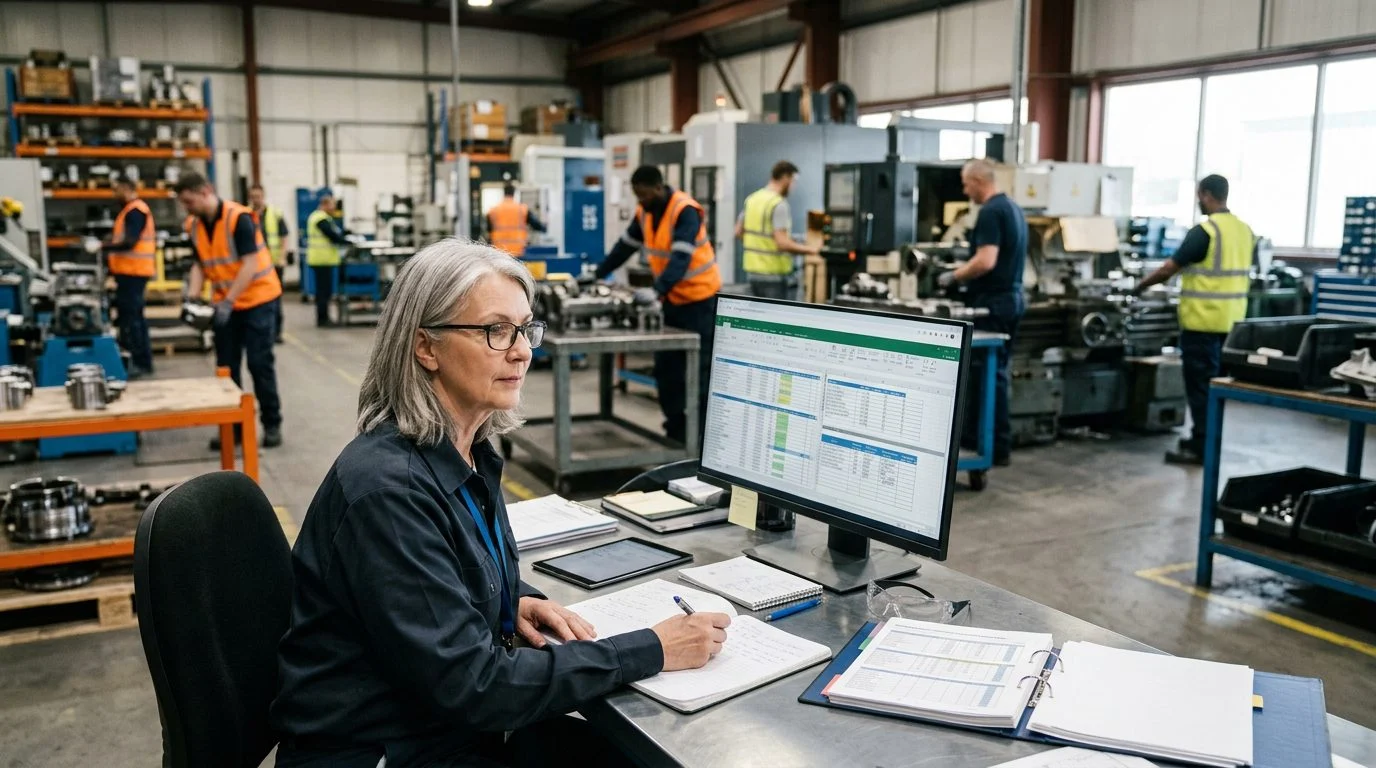 A senior operations manager reviews production schedules and equipment logs at a workstation in a busy manufacturing facility.