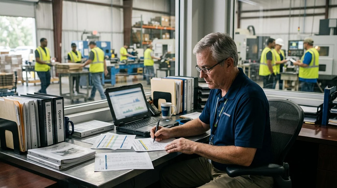 Un gerente de operaciones senior revisa horarios de producción y registros de equipos en una estación de trabajo de una planta de manufactura.