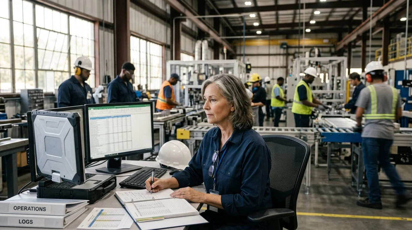 Un gerente de operaciones senior revisa horarios de producción y registros de equipos en un puesto de trabajo dentro de una planta industrial.