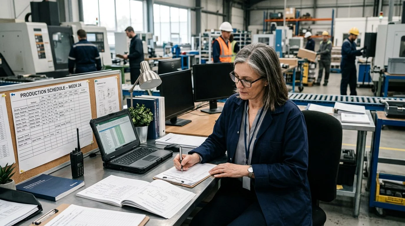 A senior operations manager reviews production schedules and equipment logs at a workstation in a manufacturing facility, with colleagues working in