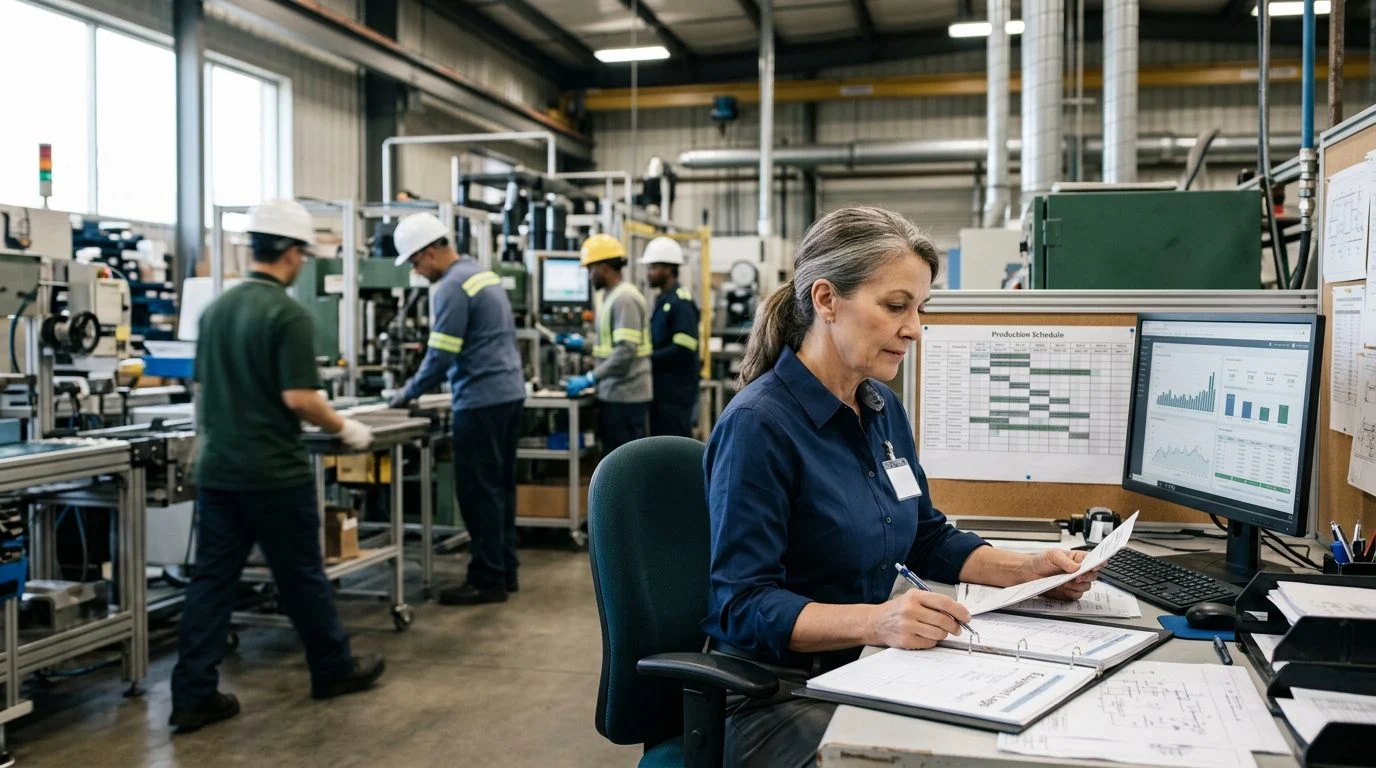 A senior operations manager reviews production schedules and equipment logs at a workstation while colleagues work in a manufacturing facility.