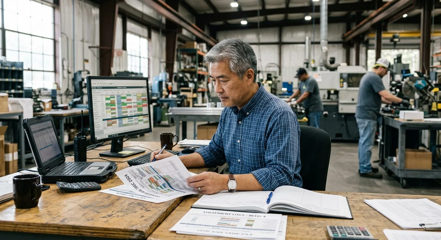 A senior operations manager reviews production schedules at a workstation in a manufacturing facility while colleagues work in the background.