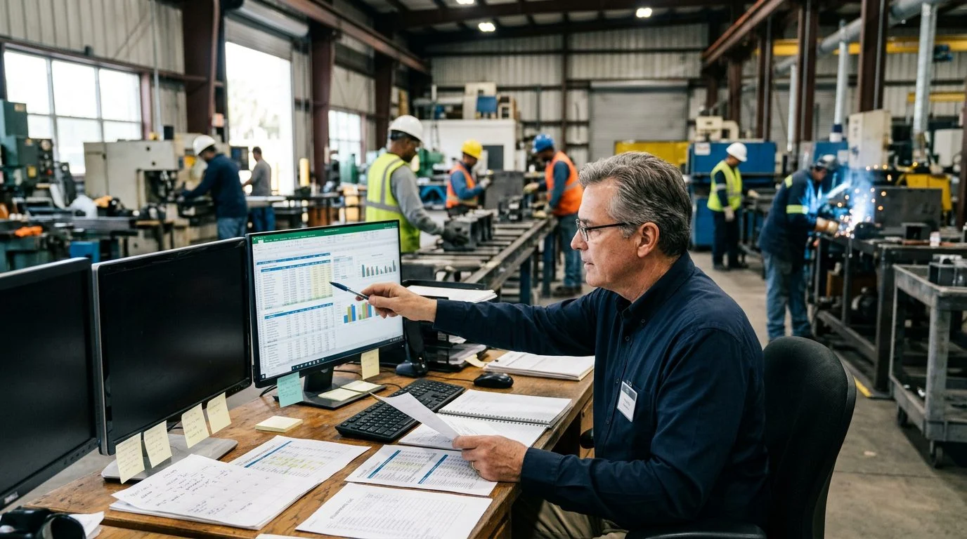 A senior operations manager reviews production schedules at a workstation in a busy manufacturing facility, with colleagues working in the background.