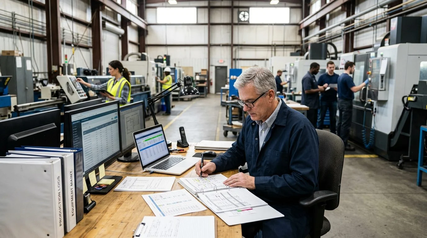 Un gerente de operaciones senior revisa horarios de producción en una estación de trabajo dentro de una fábrica con colegas trabajando al fondo.