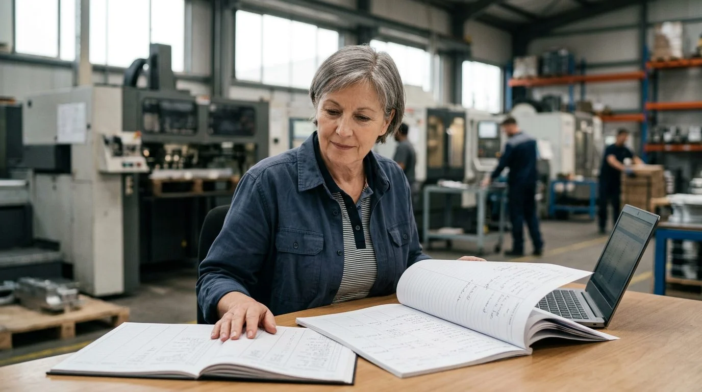 A senior operations manager reviews production schedules at a workstation in a busy manufacturing facility, with colleagues working behind them.