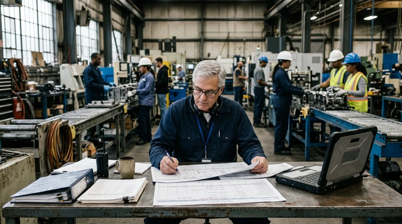 Un gerente de operaciones senior revisa los horarios de producción en una estación de trabajo de una planta de manufactura.
