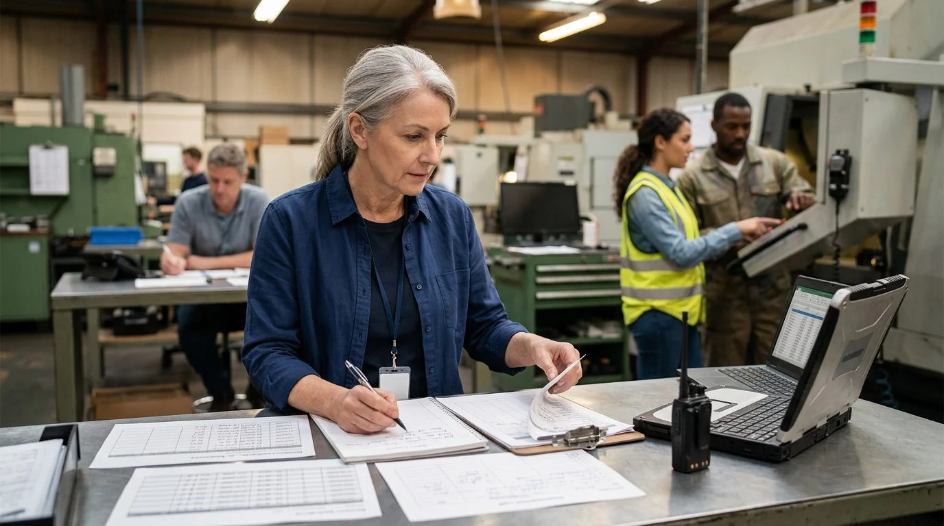 A senior operations manager reviews production schedules at a workstation in a busy manufacturing facility while colleagues work nearby.