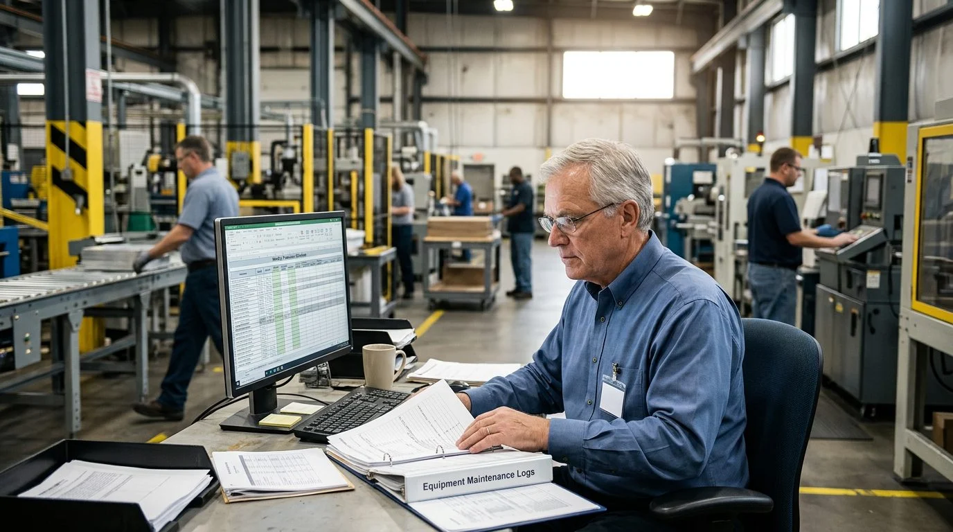 A senior operations manager reviews production schedules at a workstation in a manufacturing facility while colleagues work in the background.