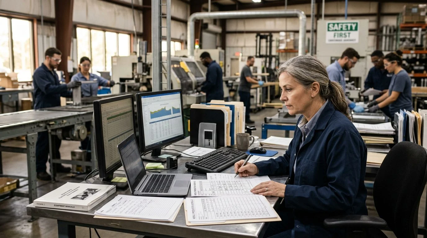Un gerente de operaciones senior revisa horarios de producción en una estación de trabajo de una planta de manufactura.