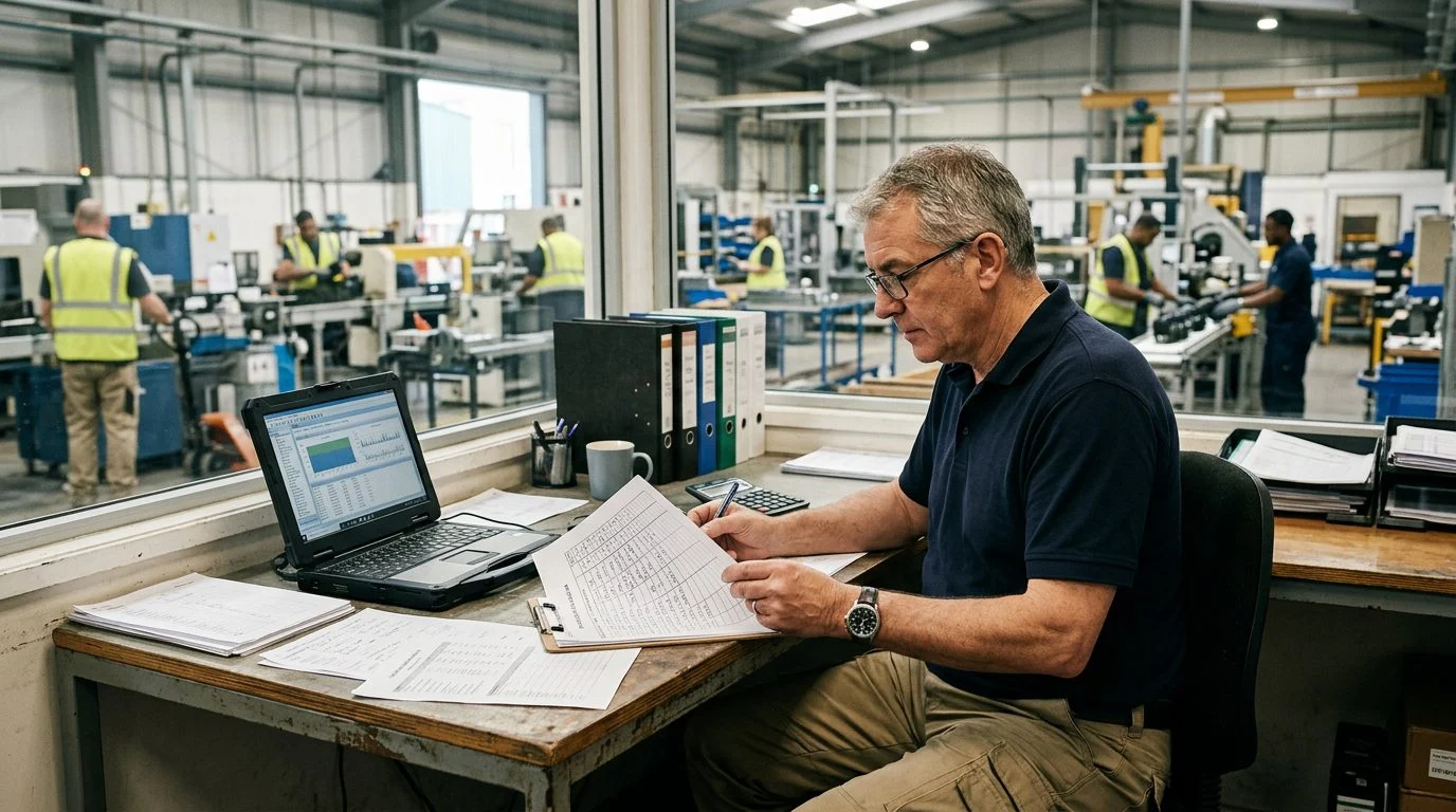 A senior operations manager reviews production schedules at a workstation in a manufacturing facility while colleagues work nearby.