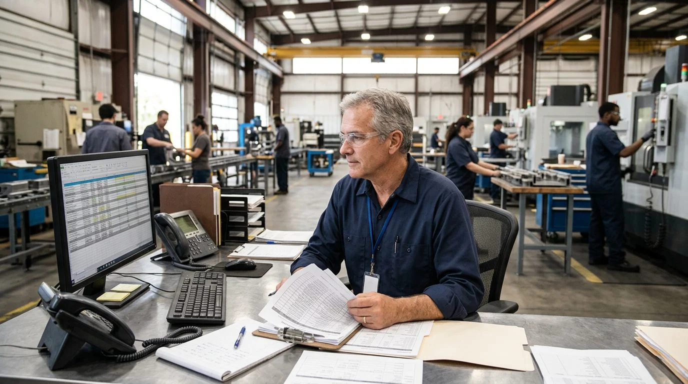 A senior operations manager reviews production schedules at a workstation in a manufacturing facility while colleagues work nearby.