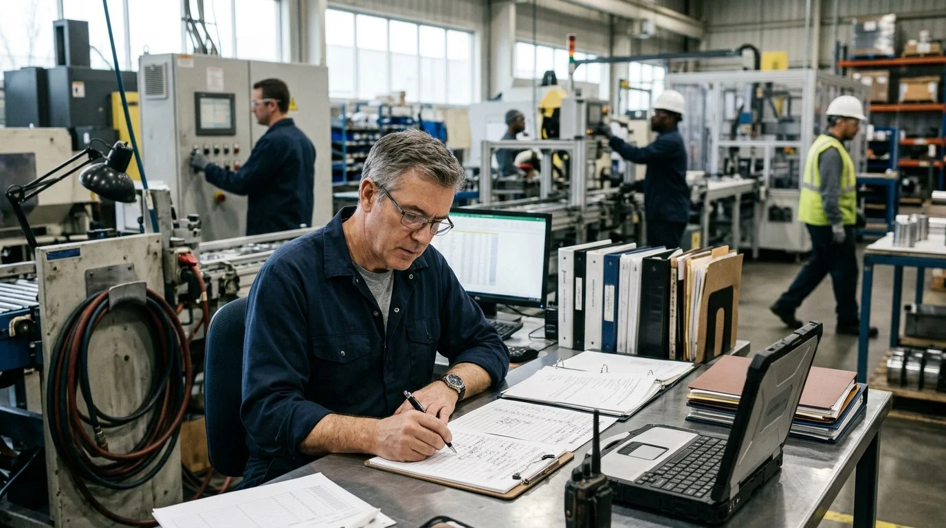 Un gerente de operaciones de edad avanzada revisa horarios de producción en su estación de trabajo mientras sus compañeros trabajan cerca en una