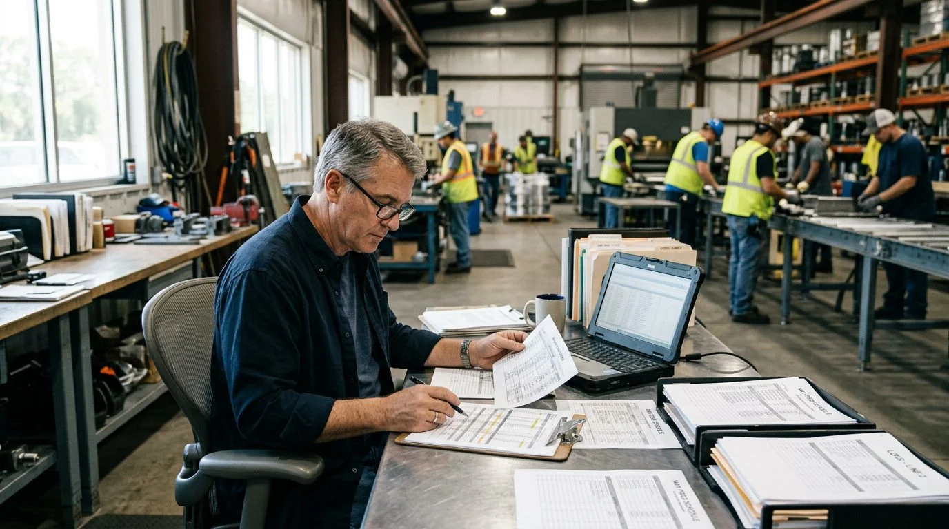 A senior operations manager reviews production schedules at a workstation in a manufacturing facility while colleagues work nearby.