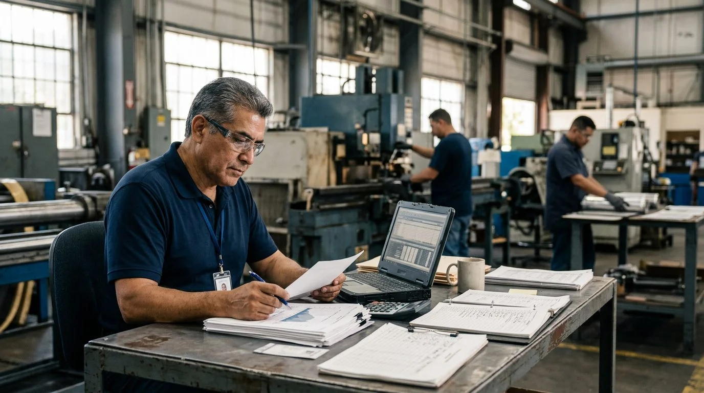 A senior operations manager reviews production schedules at a workstation in a busy manufacturing facility.