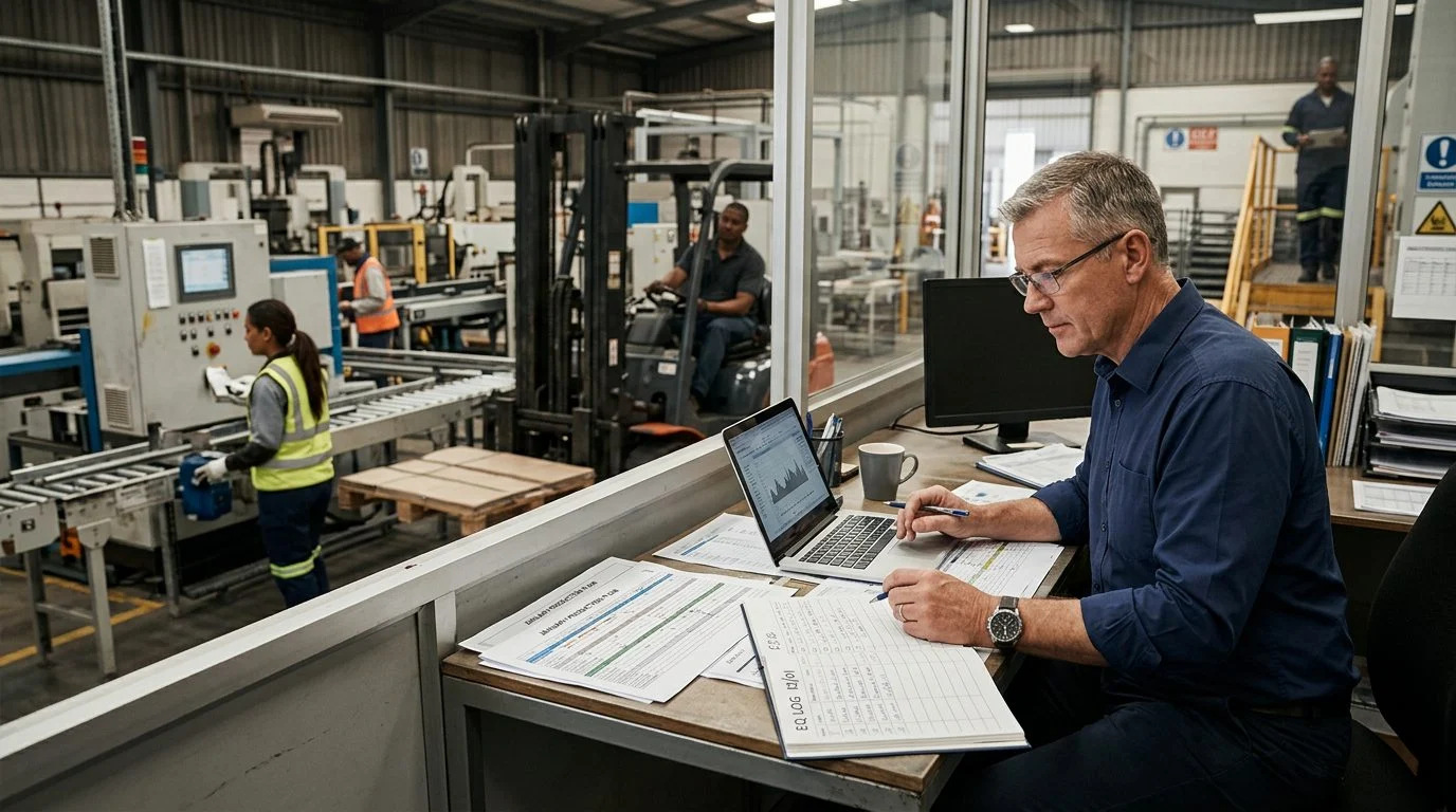 A senior operations manager reviews production schedules at a workstation in a manufacturing facility while colleagues work nearby.