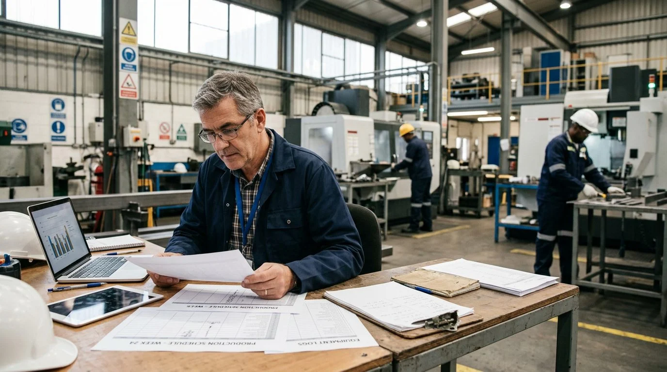 A senior operations manager reviews production schedules at a workstation in a manufacturing facility while colleagues work nearby.