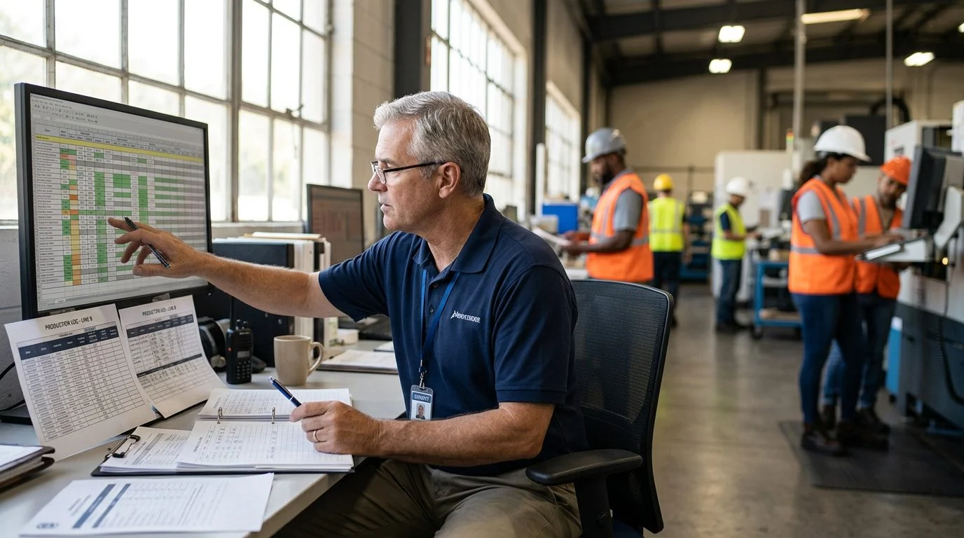 A senior operations manager reviews production schedules at a workstation in a busy manufacturing facility, with colleagues working in the background.