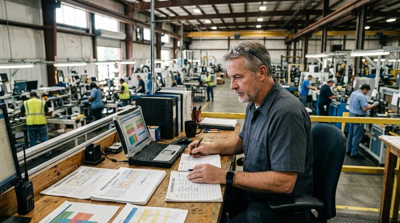 A senior operations manager reviews production schedules at a workstation in a busy manufacturing facility.