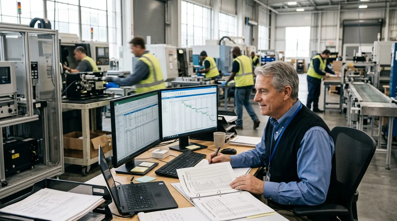 Un gerente de operaciones senior revisa horarios de producción en una estación de trabajo dentro de una planta de manufactura, con colegas cerca.