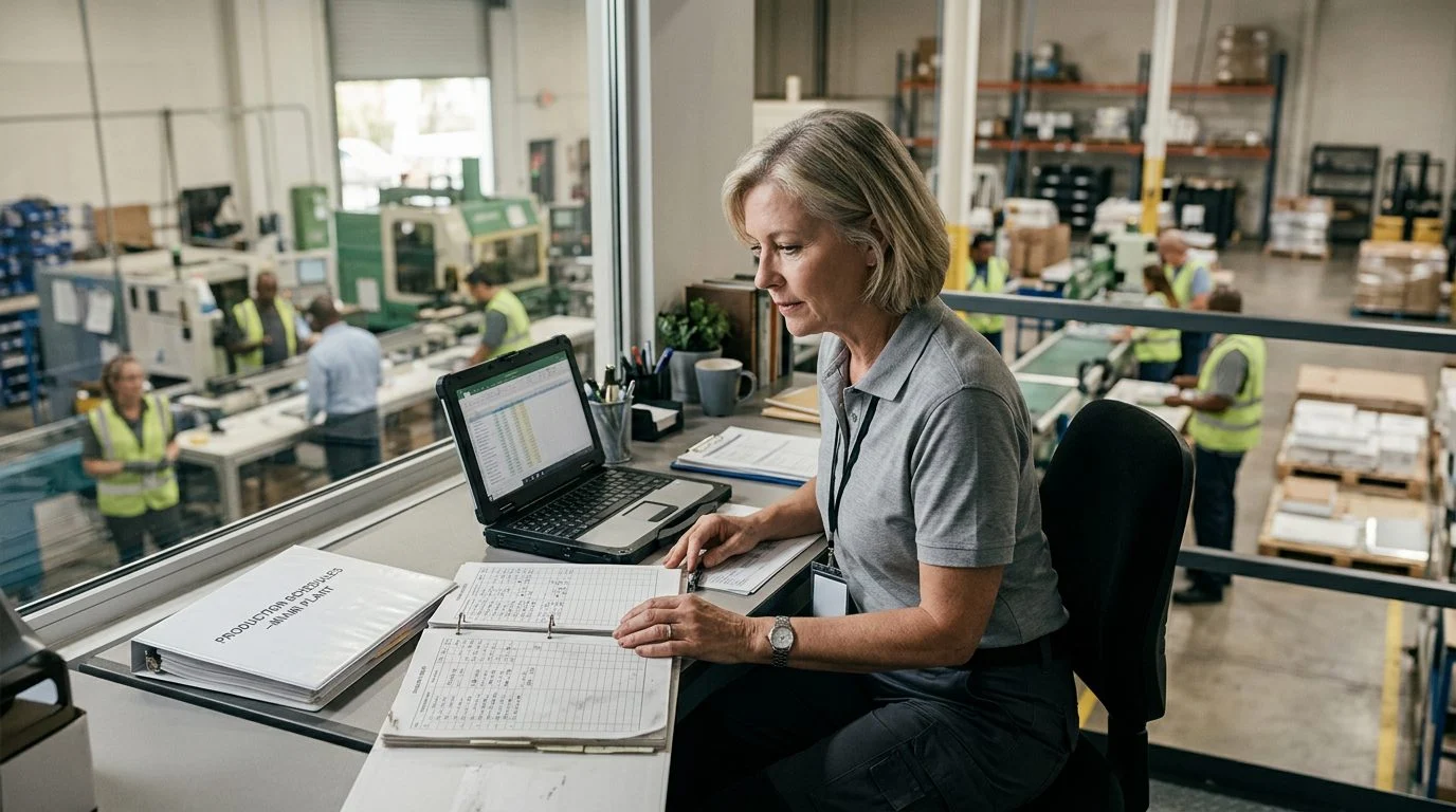 A senior operations manager reviews production schedules at a workstation in a busy manufacturing facility, with colleagues working behind them.