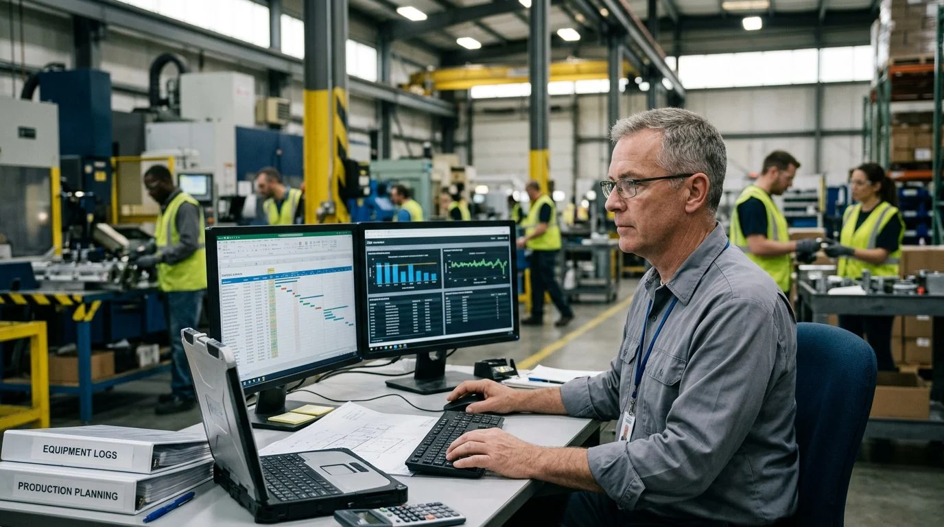 A senior operations manager reviews production schedules at a workstation in a busy manufacturing facility.
