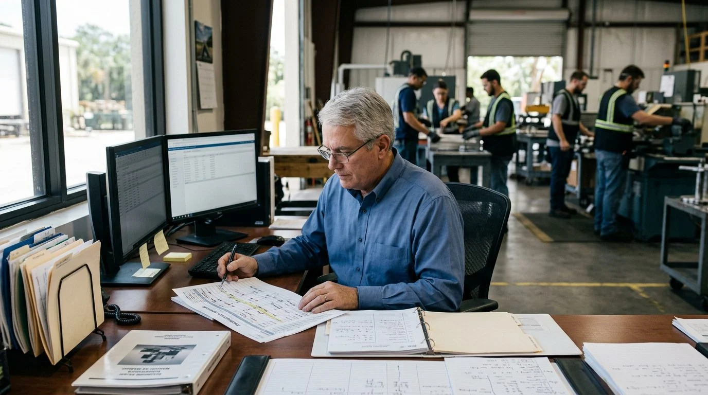 A senior operations manager reviews production schedules at a workstation in a busy manufacturing facility, with colleagues working in the background.