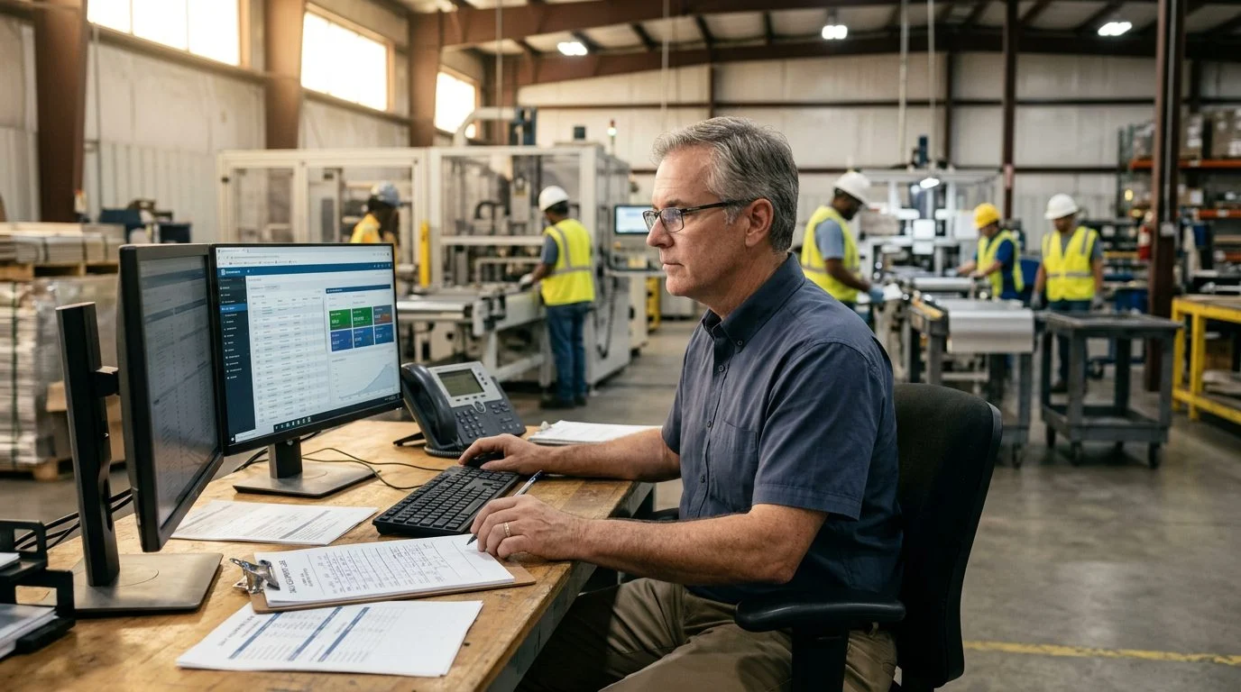 A senior operations manager reviews production schedules at a workstation in a busy manufacturing facility, with colleagues working in the background.