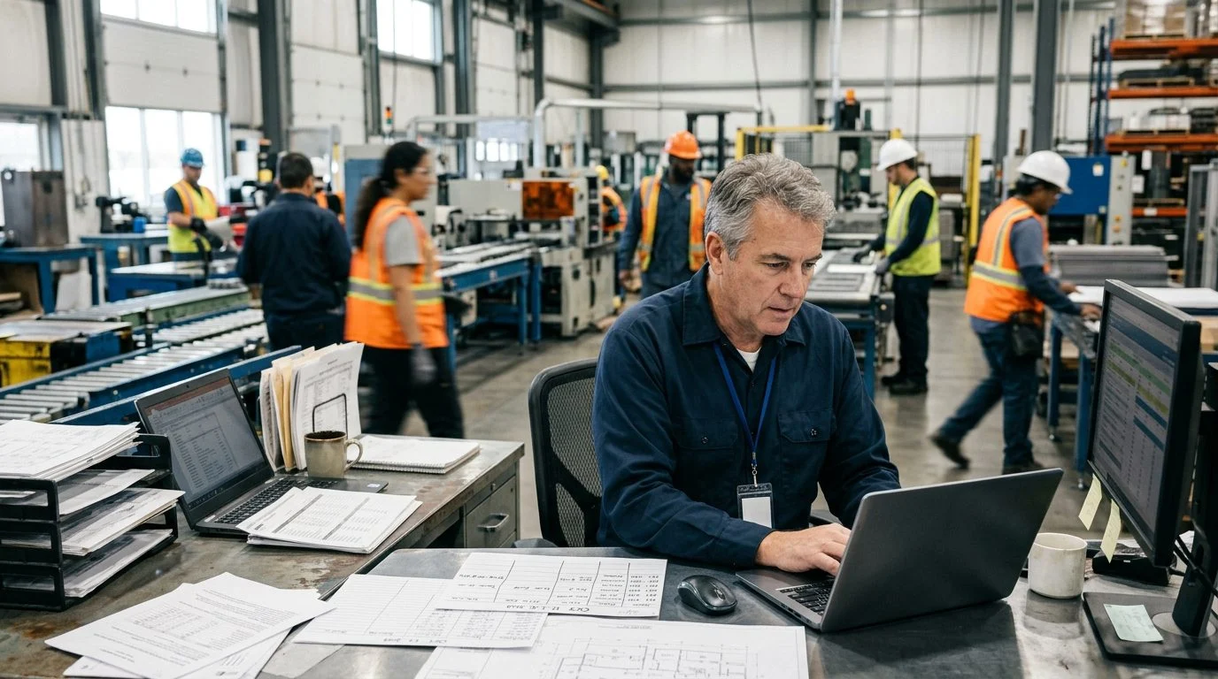 A senior operations manager works at a desk in a factory, reviewing production schedules and equipment logs while colleagues work nearby.