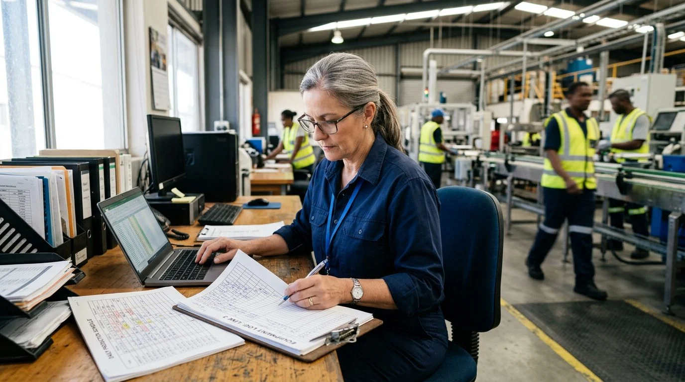 A senior operations manager works at a desk in a manufacturing facility, with production schedules and equipment logs visible as colleagues work in