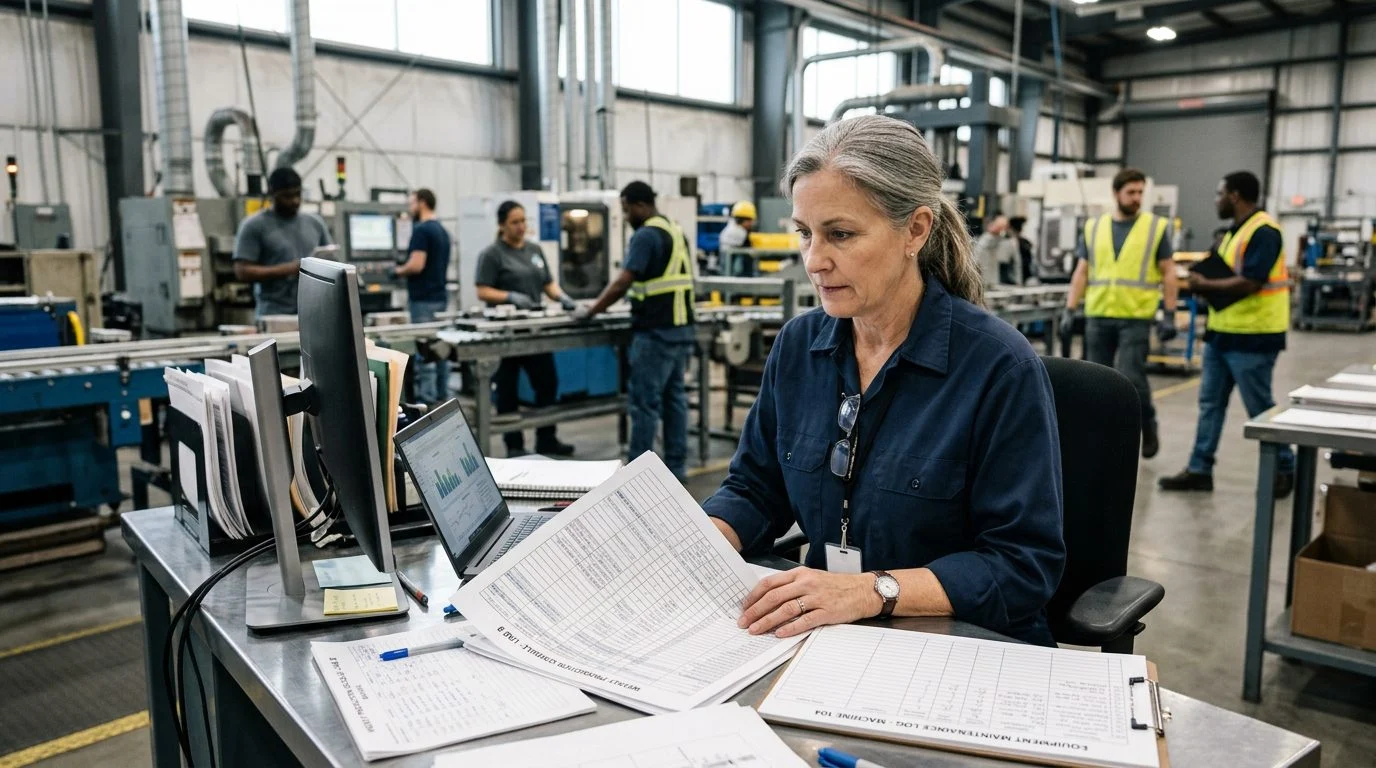 A senior operations manager works at a desk in a manufacturing facility, reviewing production schedules as colleagues work in the background.