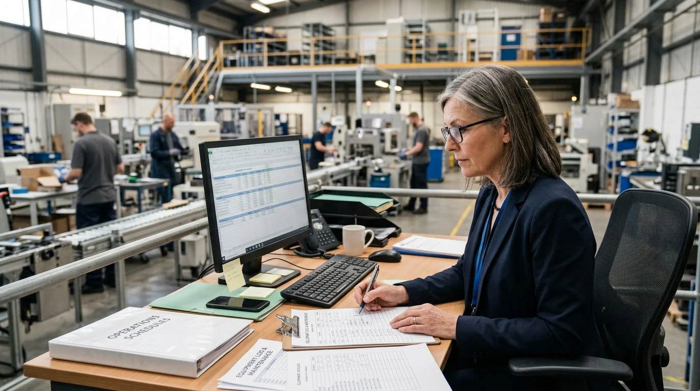 A senior operations manager works at a desk in a manufacturing plant, with production schedules and equipment logs visible behind them.