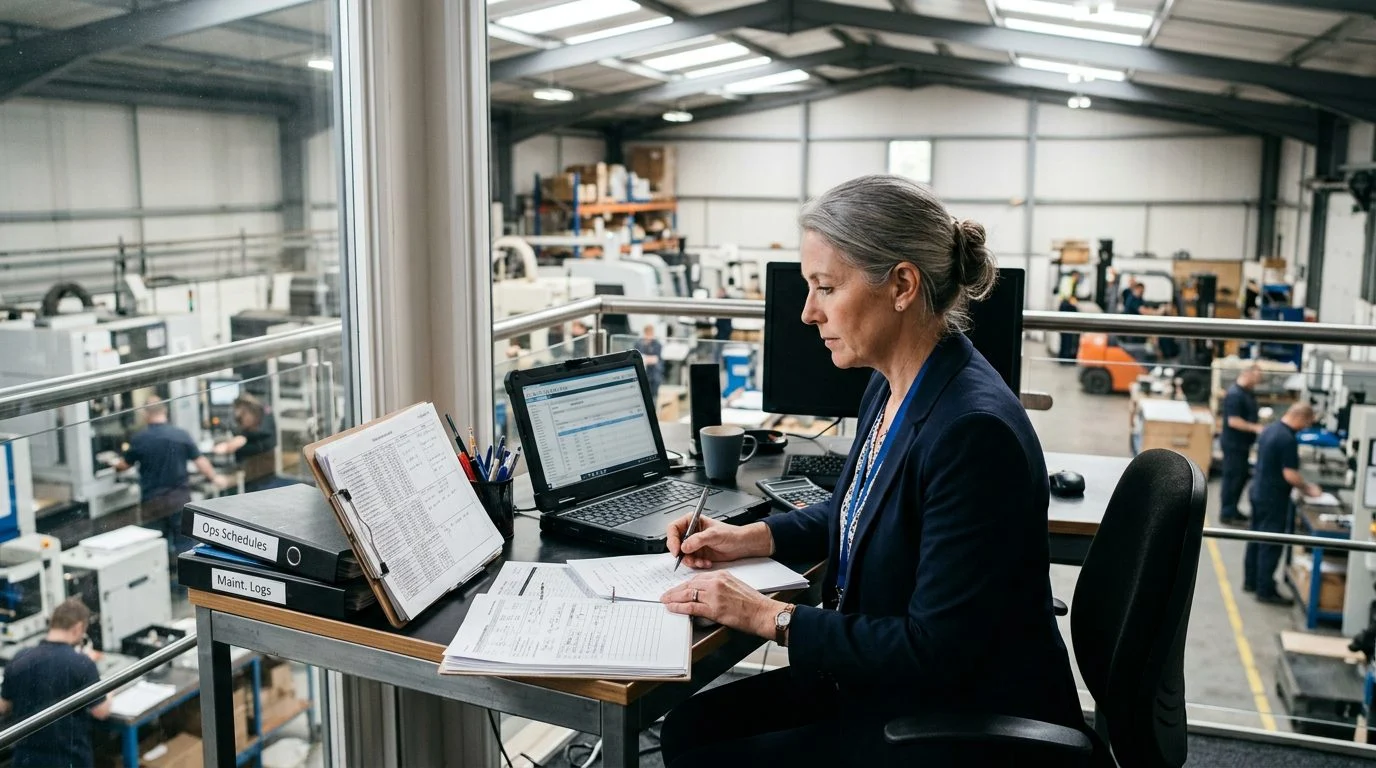 A senior operations manager works at a desk in a manufacturing facility, with production schedules and equipment logs visible as colleagues work