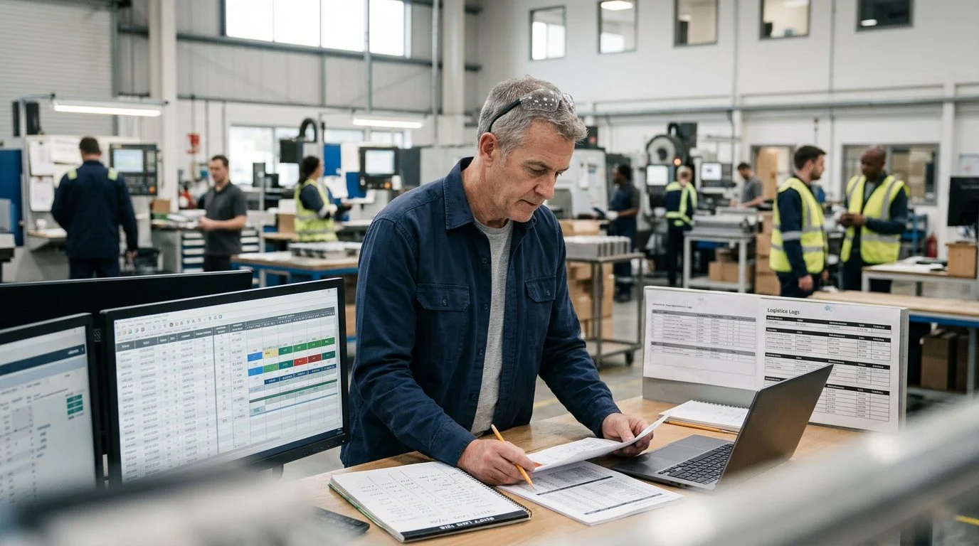 A senior operations manager works at a workstation in a manufacturing facility, with production schedules and colleagues visible behind them.
