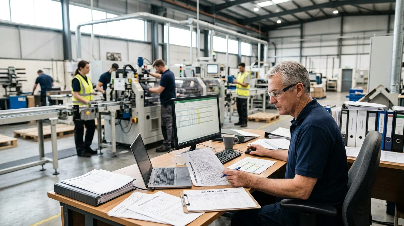 A senior operations manager works at a workstation in a manufacturing plant, reviewing production schedules as colleagues work nearby.