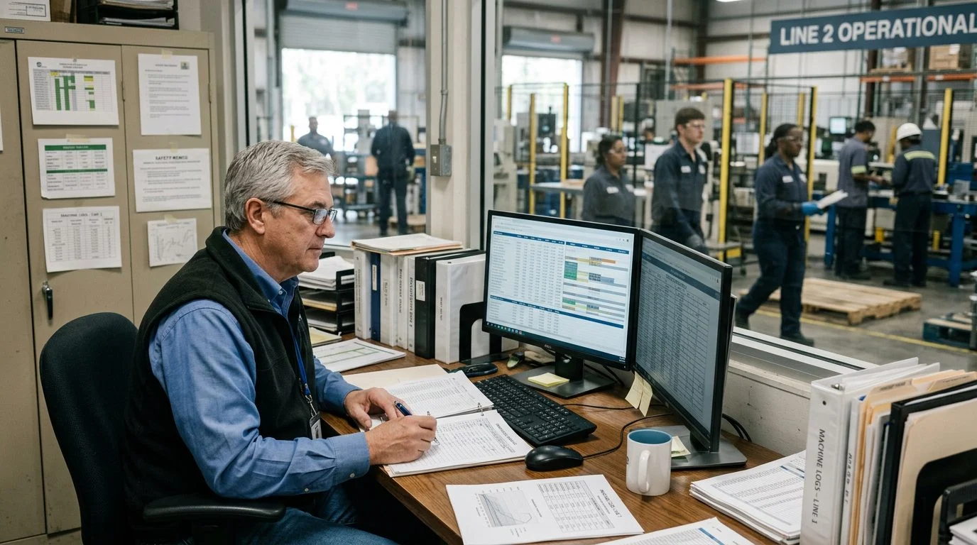 Un gerente de operaciones senior trabaja en su escritorio dentro de una planta de manufactura, rodeado de horarios de producción y colegas.