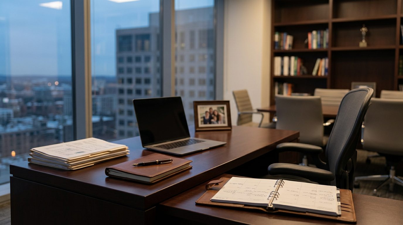 Business office with desk, computer, and documents representing key person insurance planning.