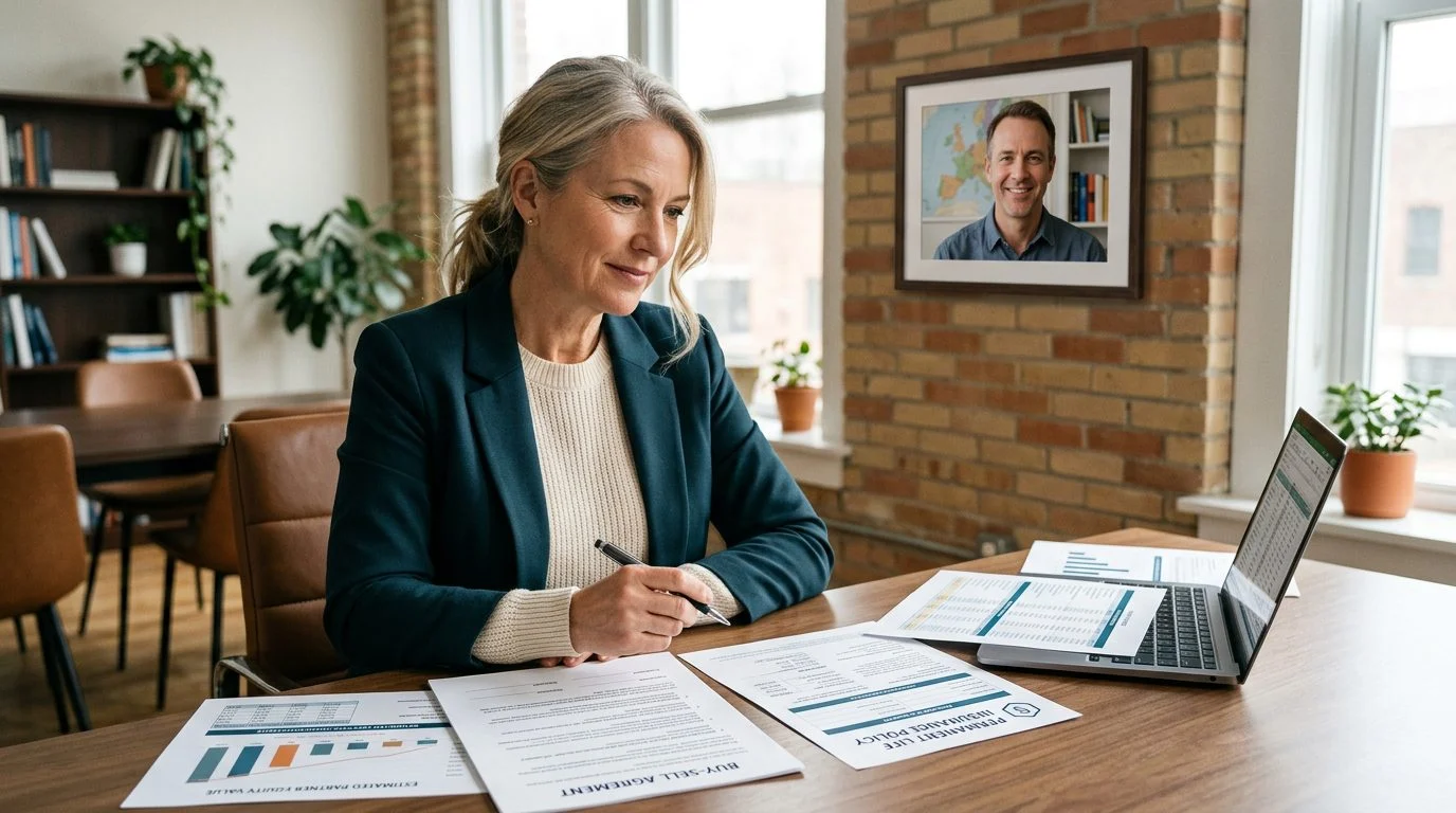 Business owner at a desk reviewing a buy-sell agreement and insurance policy beside financial projections, with a photo of their partner on the wall.