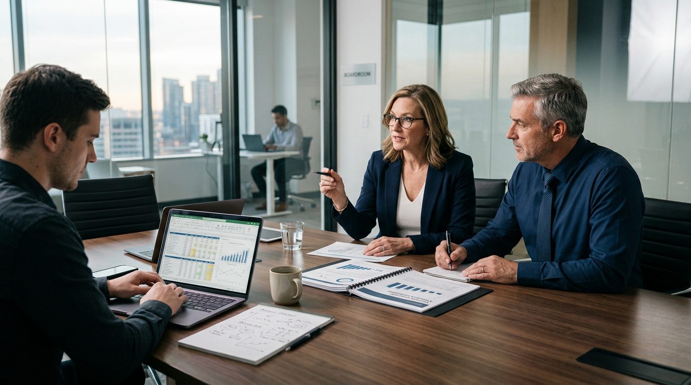 Business owner reviewing financial documents and insurance policy at desk.