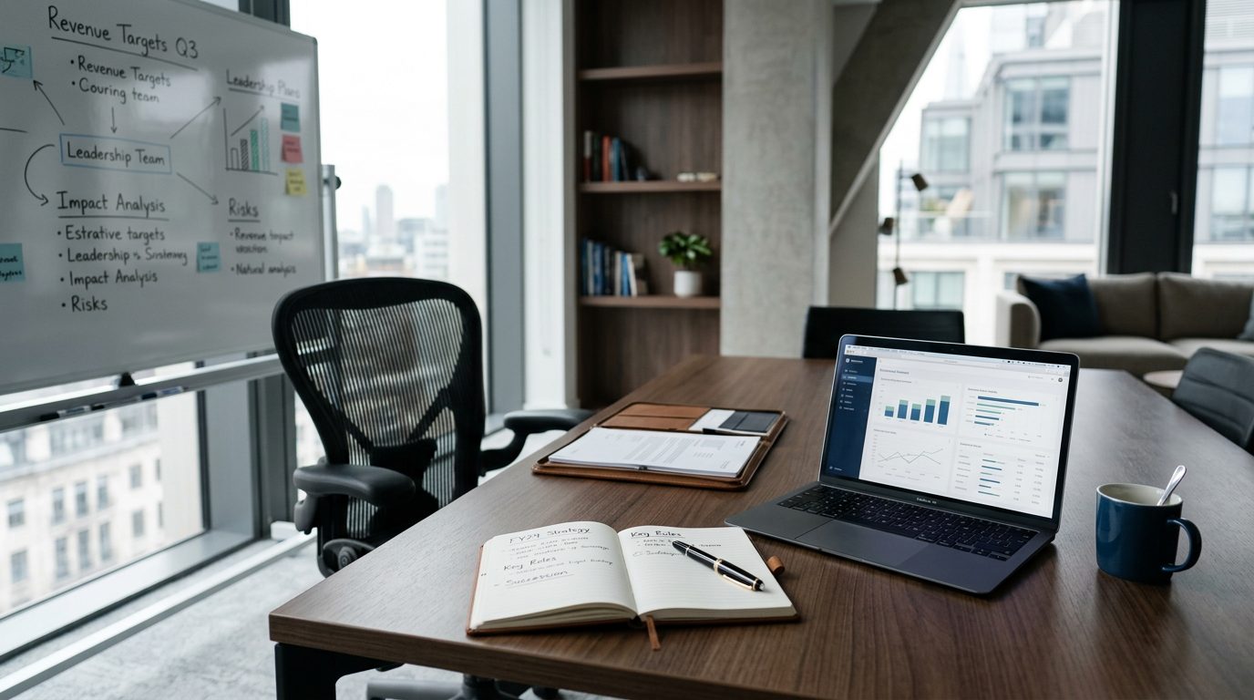 Business owner reviewing financial documents at desk with calculator and laptop.