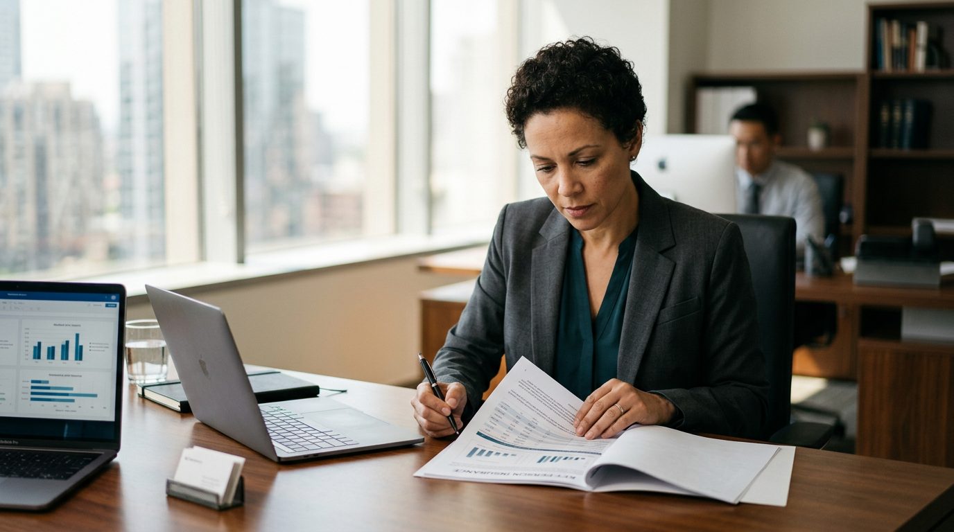 Business owner reviewing insurance documents at desk with calculator and laptop.