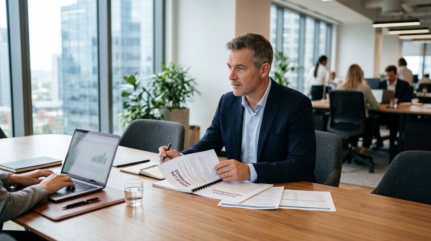 Business owner reviewing insurance documents at desk with laptop and coffee.