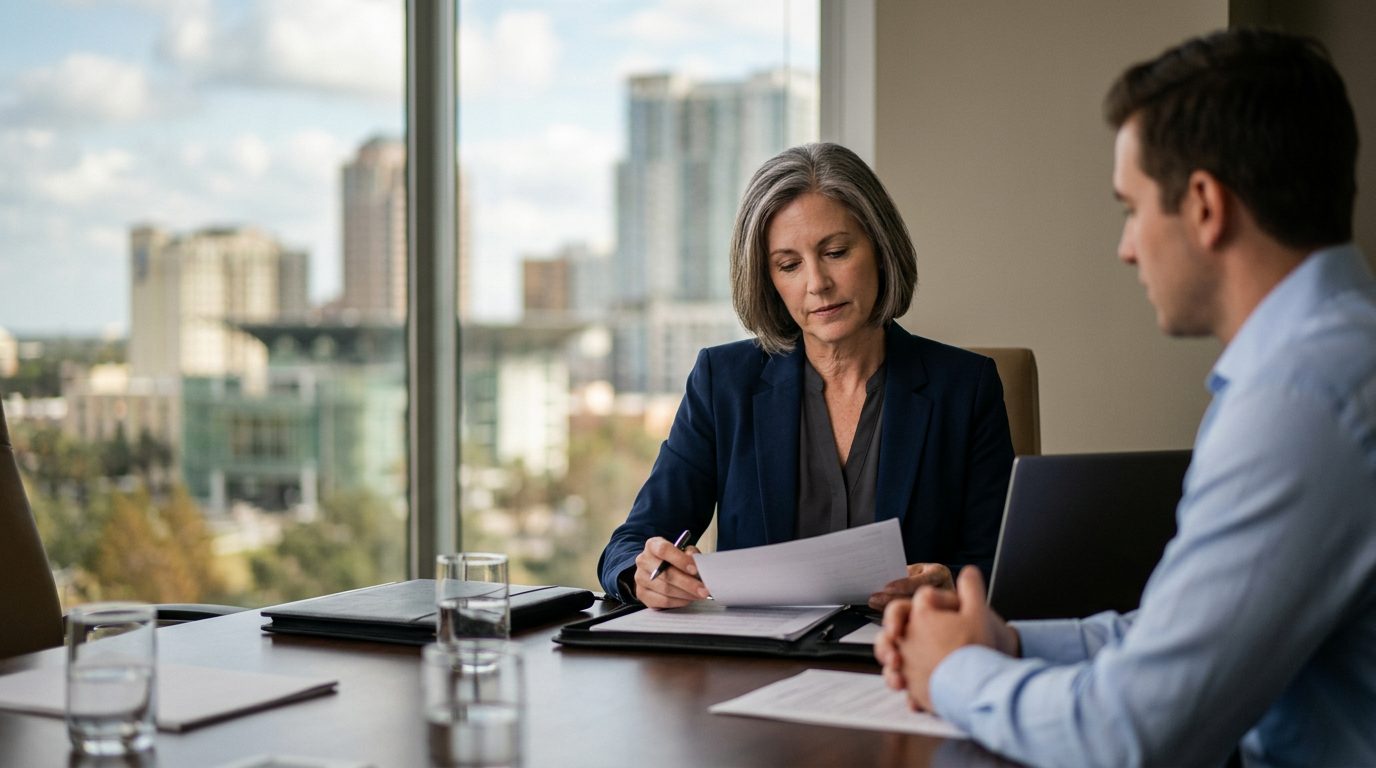 Business owner reviewing insurance documents at desk with laptop.