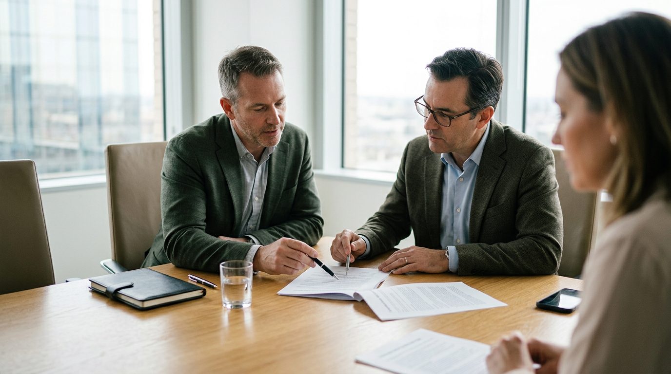 Business partners reviewing documents at a conference table with laptop and coffee.